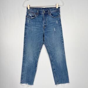 Levis Womens 28 High Rise Button Front Straight Crop Jeans Raw Fray Hem Denim